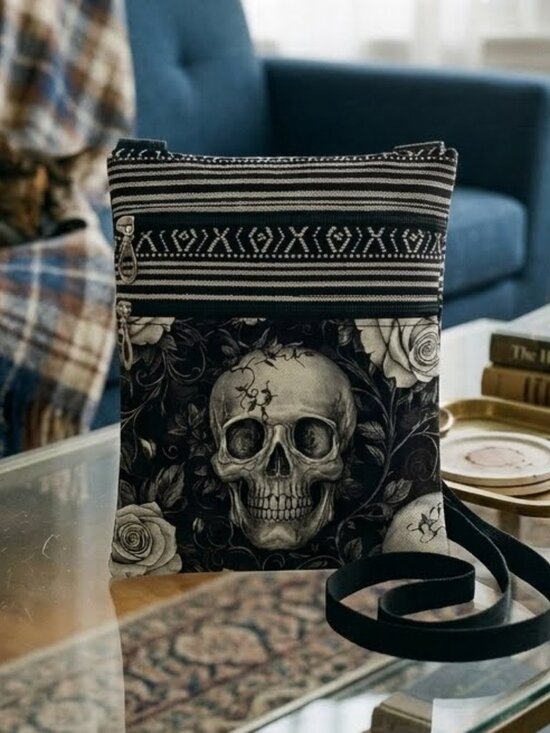 Handbags - Gothic Skull Crossbody Bag Black White Rose Boho Messenger Purse Festival Goth